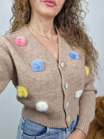 Cardigan crop con pon pon