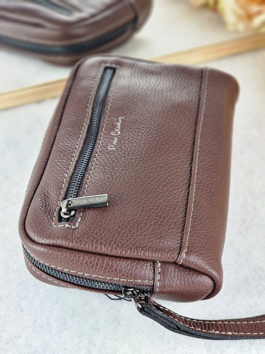 Pochette uomo con 3 tasche in vera pelle