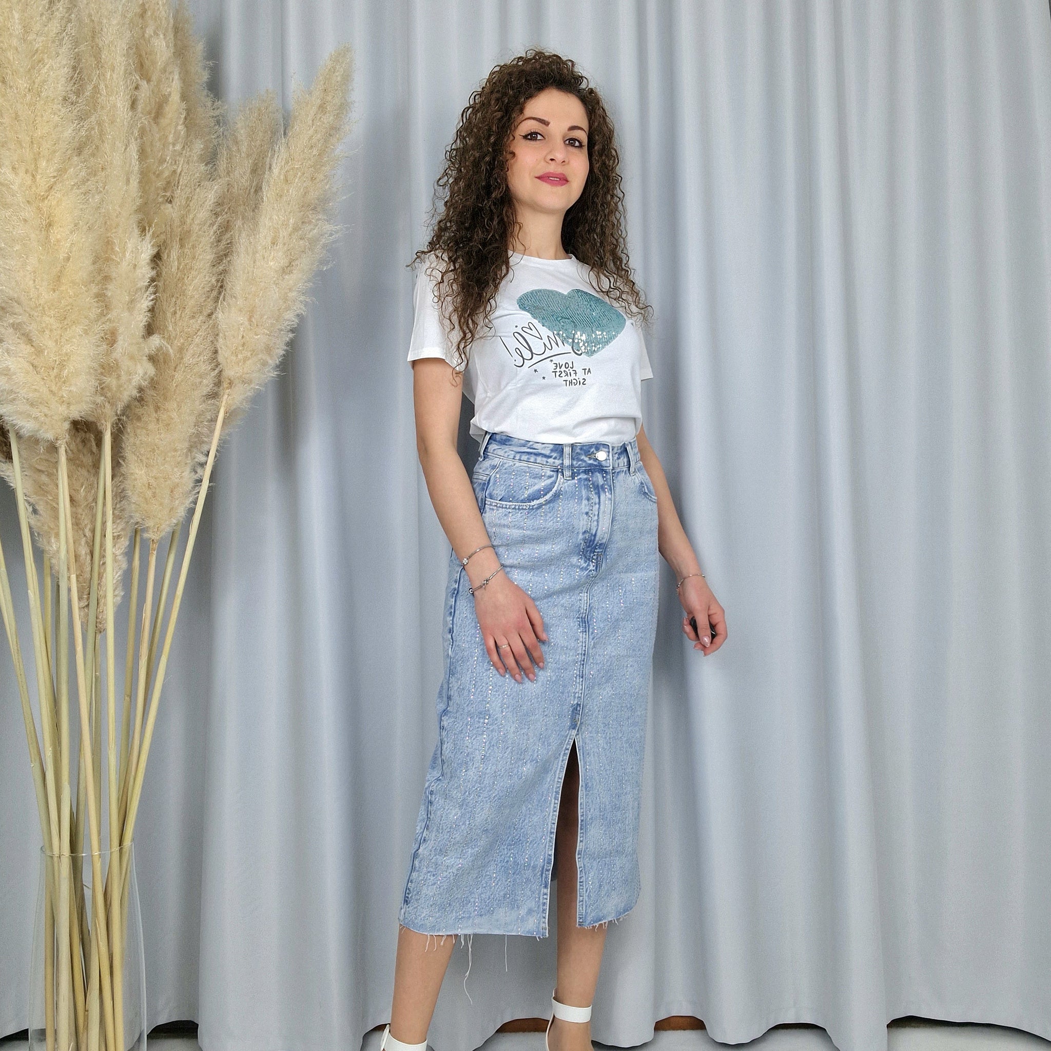 Gonna longuette di jeans con strass e spacco
