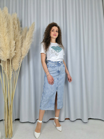 Gonna longuette di jeans con strass e spacco